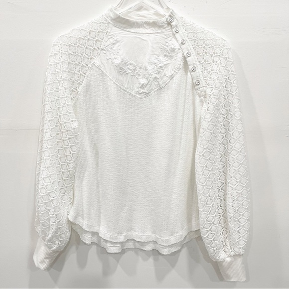 Free People Sweetest Things Thermal Ivory Long Sleeve Top Blouse Small - Picture 1 of 11